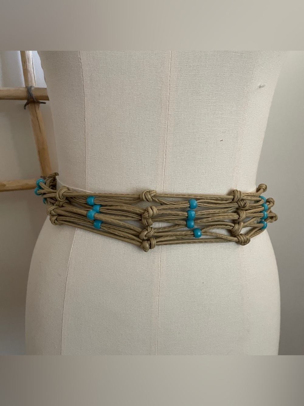 Vintage leather tie belt Handmade Natural Rope Waist Belt wTurquoise color Beads